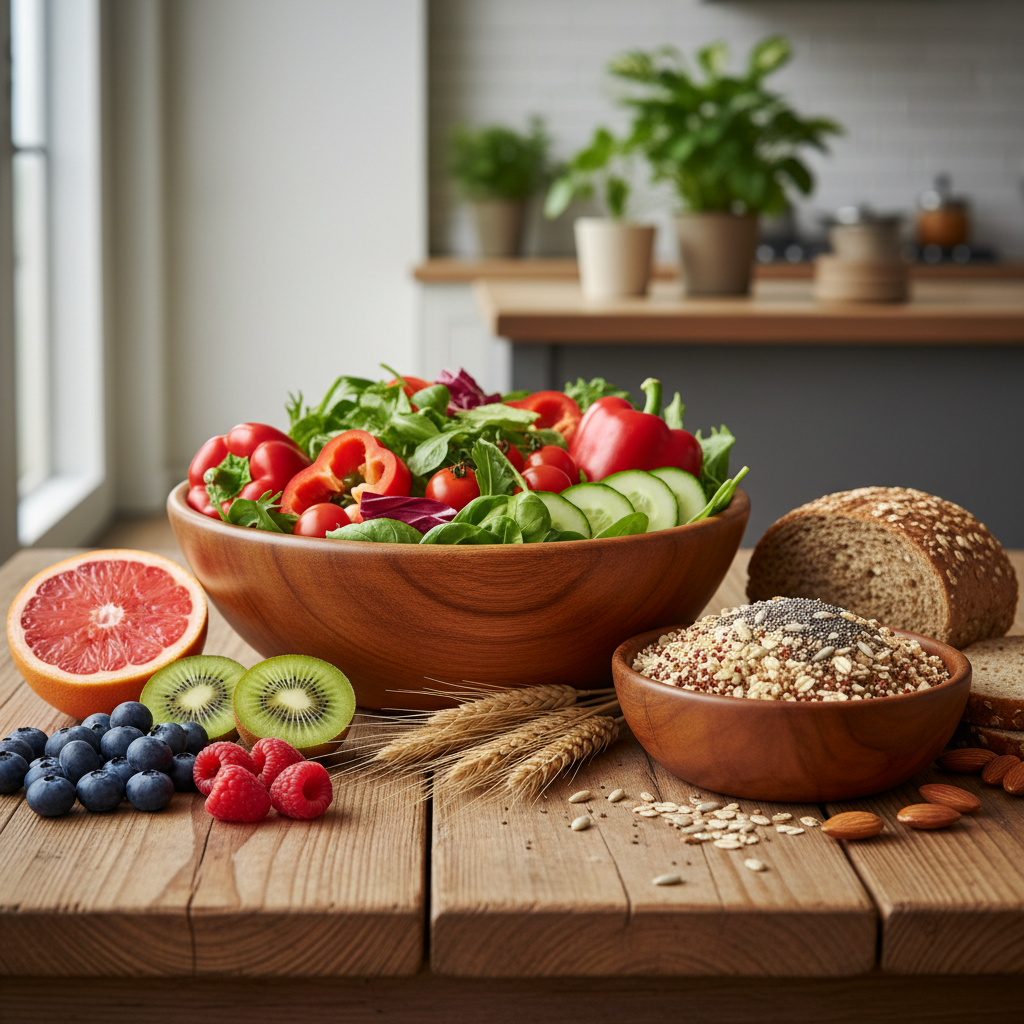 Composition de légumes frais colorés, fruits et céréales complètes sur une surface en bois naturel