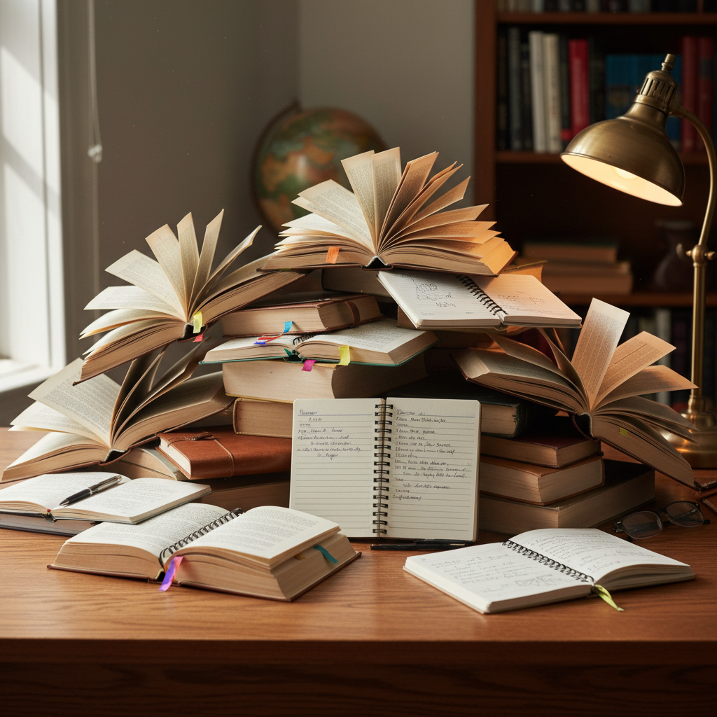 Pile de livres ouverts et carnets de notes sur un bureau en bois, représentant la recherche et la connaissance