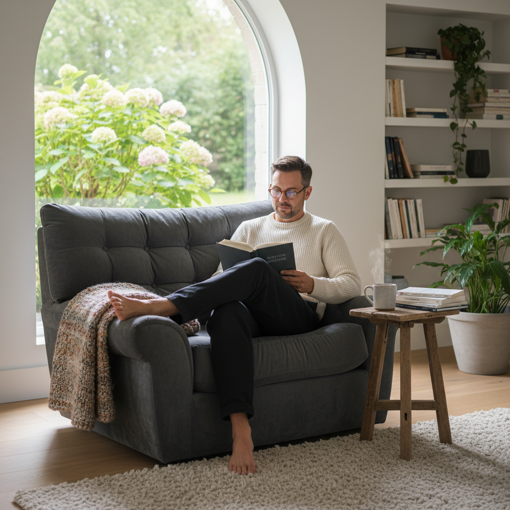 Homme lisant tranquillement un livre dans un fauteuil confortable près d'une fenêtre lumineuse, image de repos et de récupération consciente