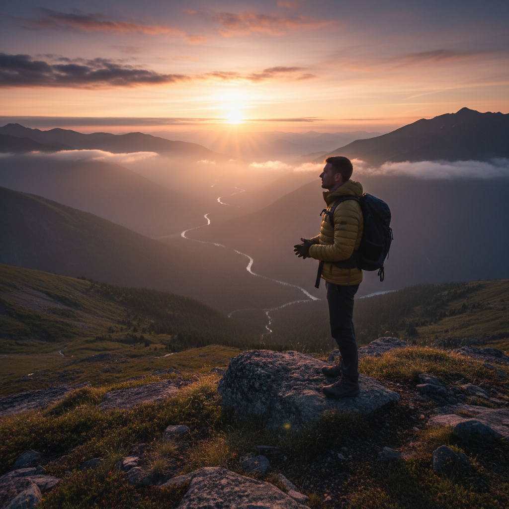 Homme contemplant un paysage naturel de montagne lors d'une promenade matinale en plein air, vu de dos