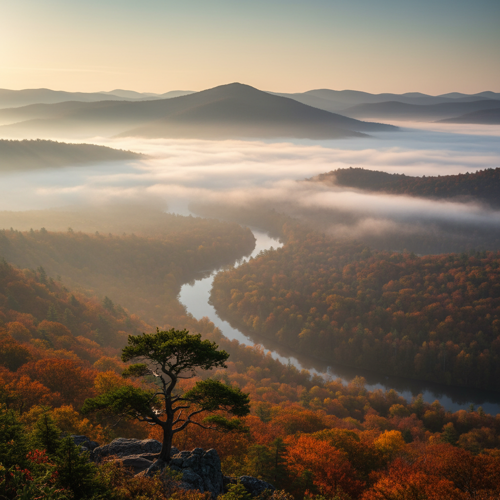 Brume matinale au-dessus d'une forêt dense, évoquant la sérénité et la profondeur de la réflexion